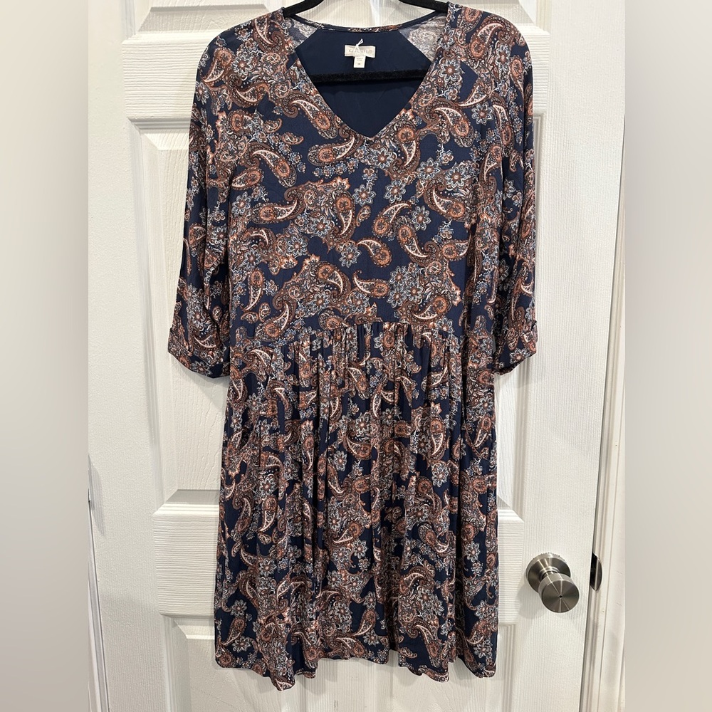Garnet Hill Paisley Midi Pocket Dress Womens Sz 6 Navy 3/4 Sleeve EUC